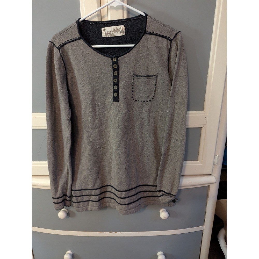 Aventura Womens Organic Cotton‎ Henley Top Grey Long Sleeve Button Pocket Large